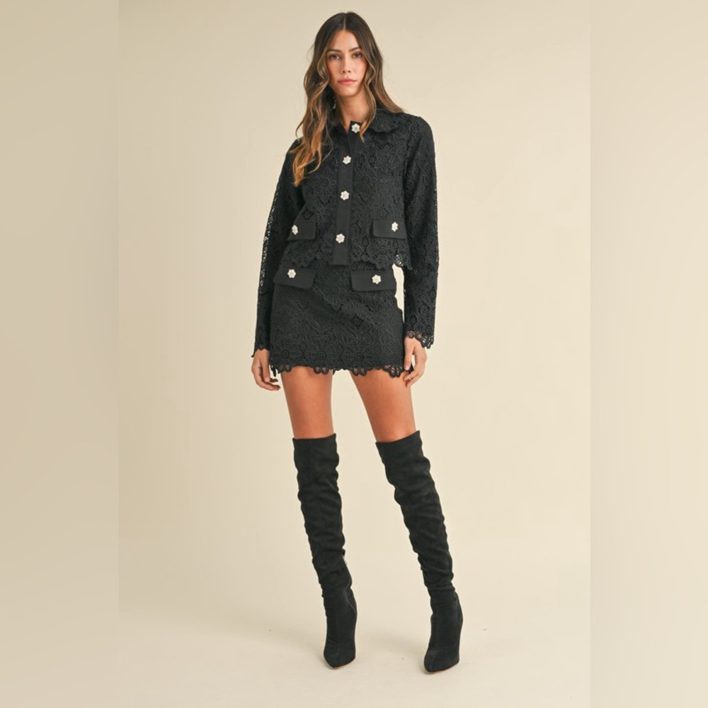 36. Scallop Lace Jeweled Button Down Jacket and Skirt Set in Black